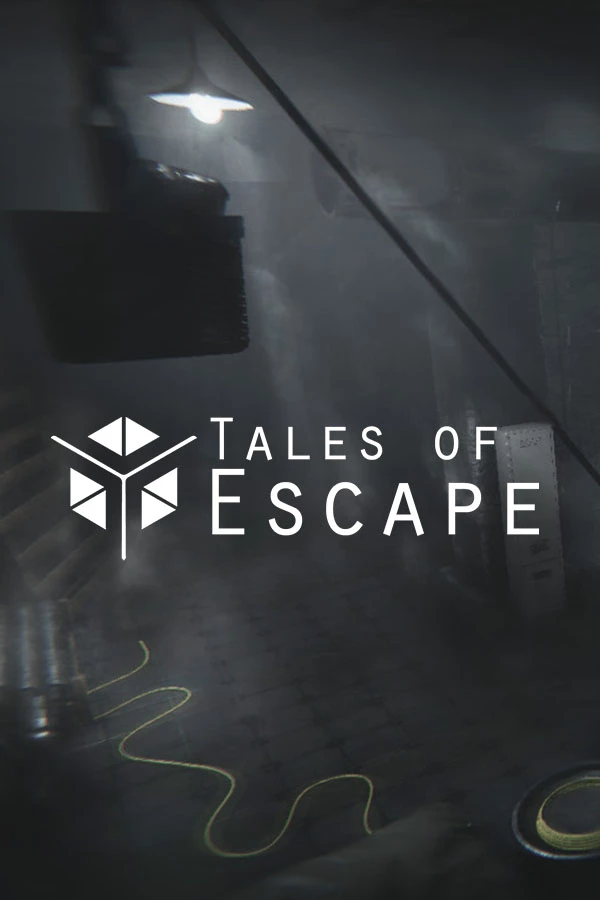 Темный, туманный интерьер с ярким светом и желтым проводом, логотип игры Tales of Escape.