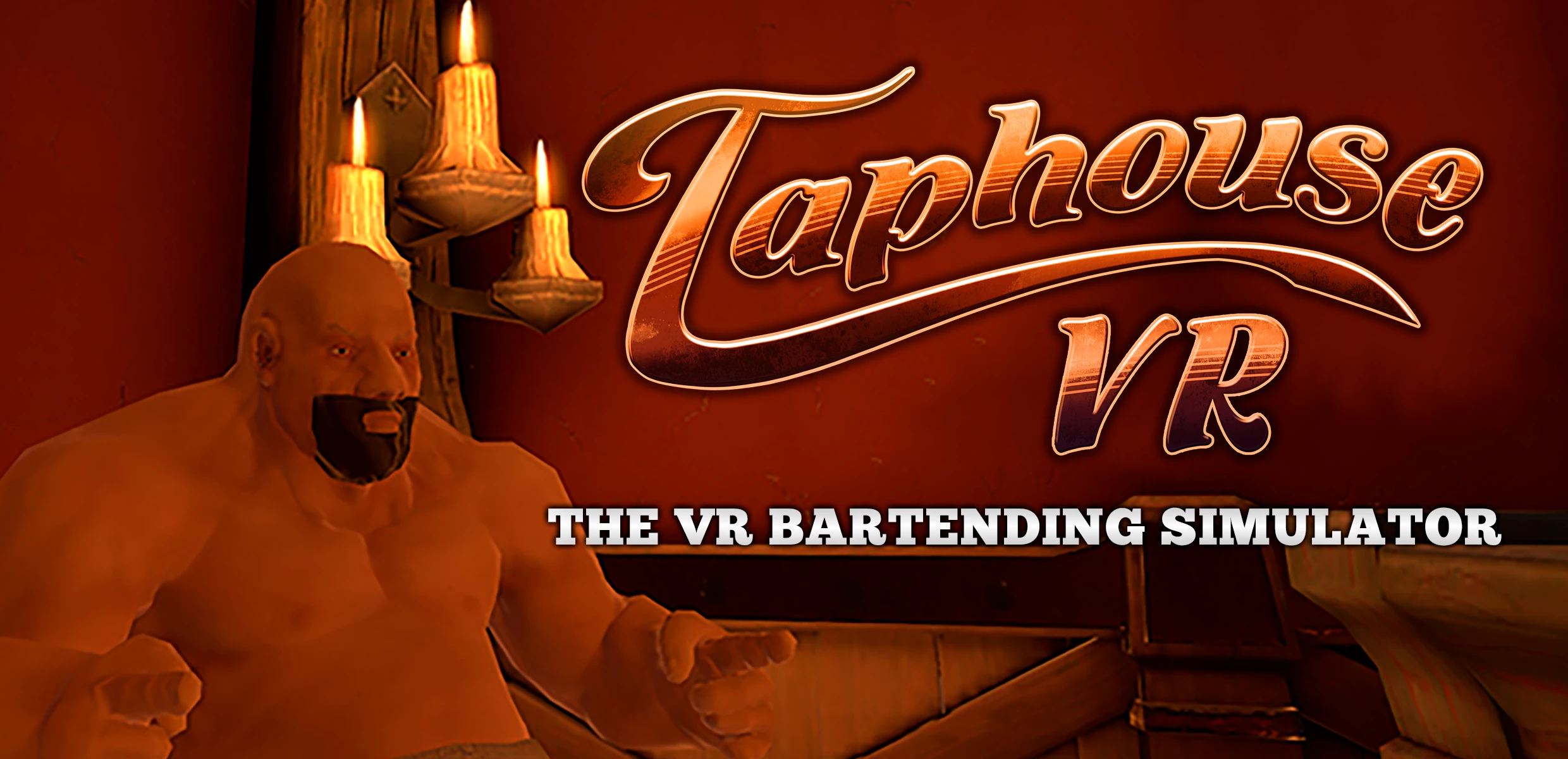 VR-симулятор бармена в атмосферном таверне с брутальным барменом и горящими свечами.