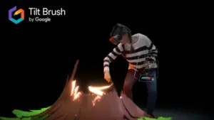 Игрок в VR рисует виртуальную сцену с огнём и зелёной травой в Tilt Brush от Google.