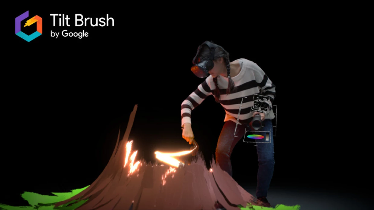 Игрок в VR рисует виртуальную сцену с огнём и зелёной травой в Tilt Brush от Google.