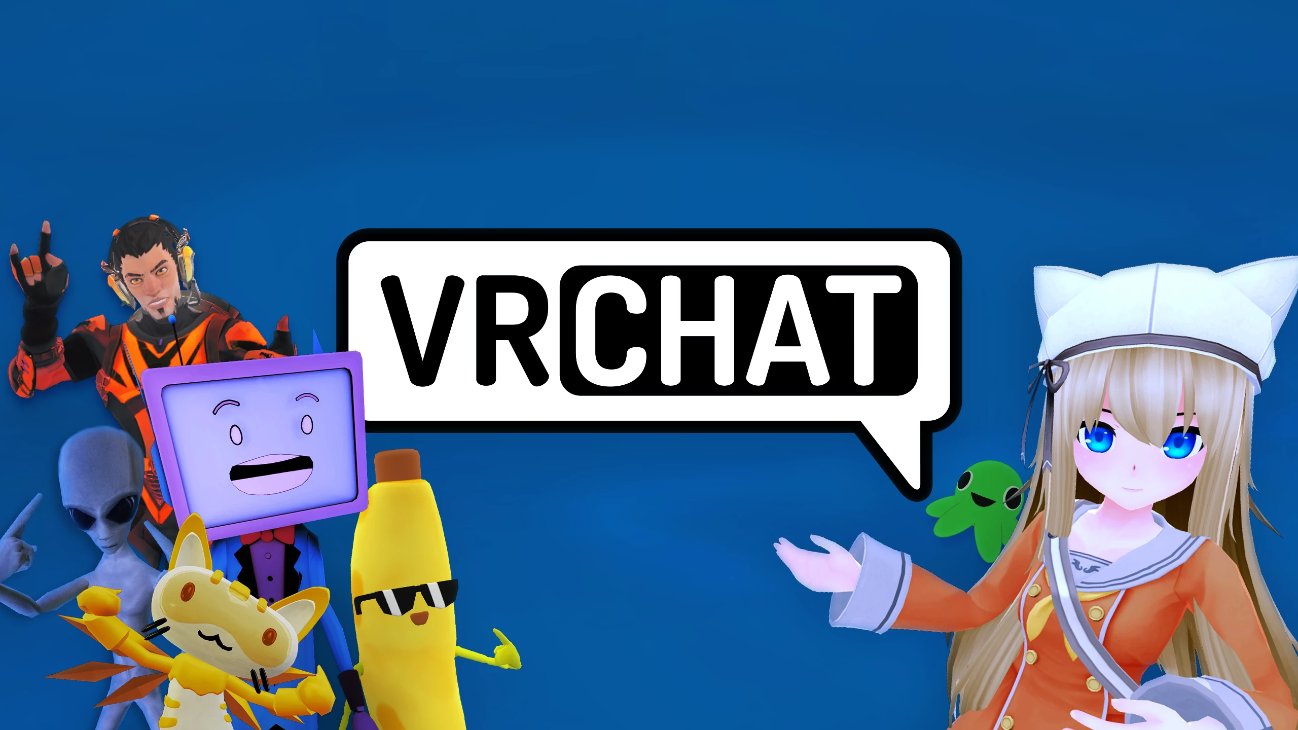 Мультиплеерная VR-игра с разнообразными аватарами в стиле аниме и косплея на фоне логотипа VRChat.