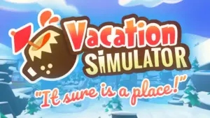 Логотип VR-симулятора «Vacation Simulator» с кокосом и снежным пейзажем на фоне.