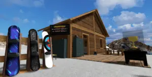 VR-игра с сценой сноубординга: деревянный дом, сноуборды и трофей на фоне гор.
